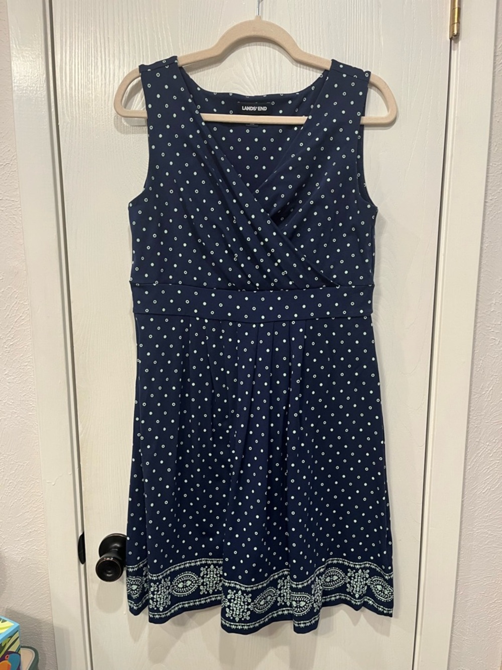 Lands End Fit & Flare Navy Blue Green Polka Dot Cotton Knit Dress M Petite 10-12
